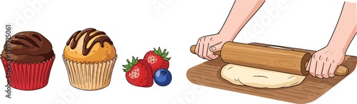 Cute Baking Illustration Set with Chocolate and Vanilla Cupcakes, Fresh Berries, and Hands Rolling Dough on Wooden Board