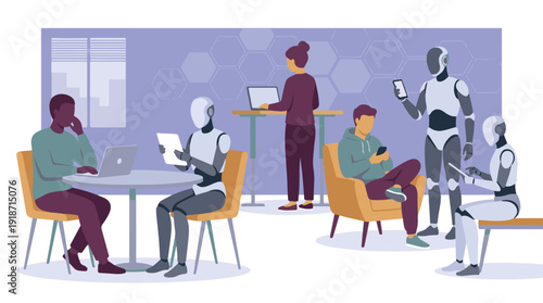 Diverse team of humans and AI robots collaborating in modern office