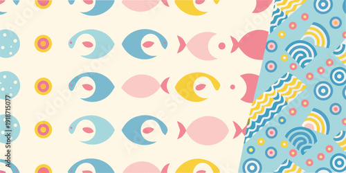 Abstract pattern featuring moons fish and wavy lines in pastel tones