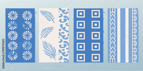 Blue and white patterned fabric swatch with floral and geometric motifs