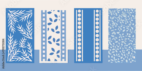 Konstfotografi Four blue and white patterned rectangular shapes against a soft background