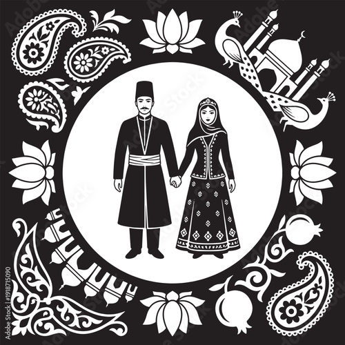 Traditional Azerbaijani couple in national costumes holding hands, surrounded by cultural motifs.