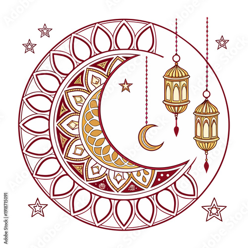 Eid Mubarak Arabic Calligraphy in Crescent Moon with Pink and Navy Mandala – Islamic Festival Vector Art.