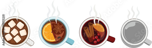Top view of four steaming hot beverages including hot chocolate with marshmallows and spiced drinks.