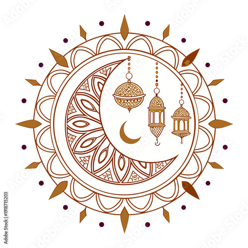 Luxurious Golden Mandala with Crescent Moon and Hanging Lanterns – Warm Ramadan Kareem Islamic Artwork.