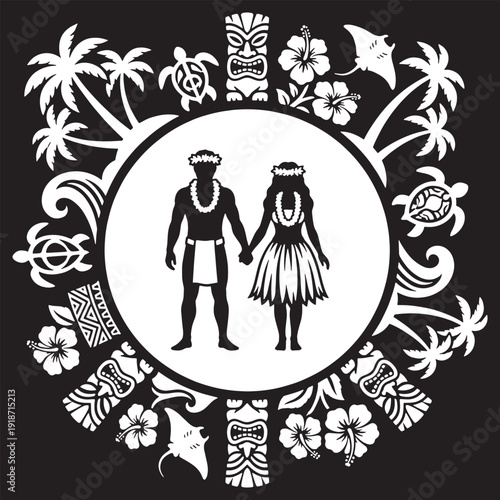 Traditional Hawaiian couple holding hands surrounded by tropical elements like tiki masks, hibiscus flowers, palm trees, sea turtles, and stingrays.