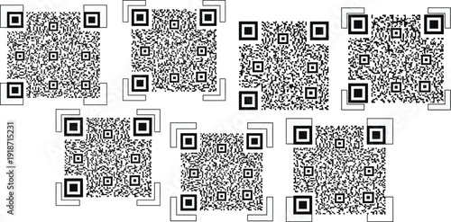 Seven distinct black and white Quick Response codes are arranged in two rows on a plain white surface for digital scanning.