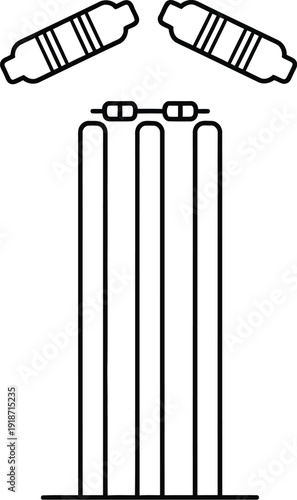 Black and white outline of cricket stumps with bails positioned above them indicates a sports concept illustration.