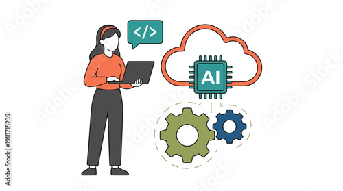 Woman coding for AI in cloud computing, software development concept