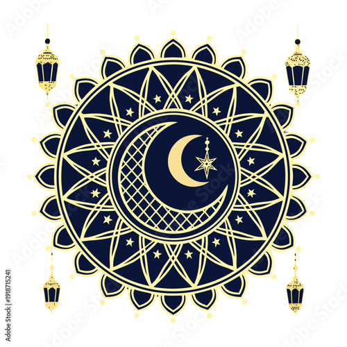 Golden Ramadan Kareem Mandala with Crescent Moon Mosque and Hanging Lanterns – Islamic Navy Blue Vector Design.