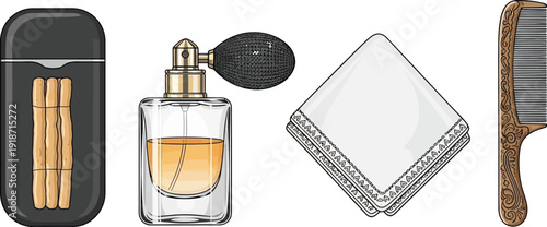 Personal grooming accessories including a perfume atomizer, wooden toothpicks, folded handkerchiefs, and a decorative comb.