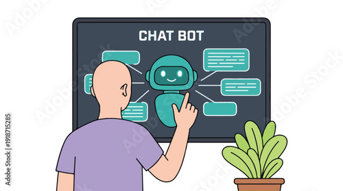 Person interacting with a chatbot on a screen, artificial intelligence concept
