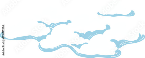 Stylized, light blue, hand-drawn cloud shapes float across a pure white background, suggesting weather or atmosphere.