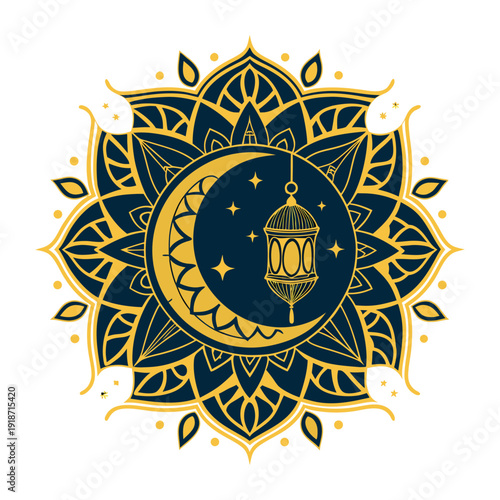 Golden Islamic Mandala with Crescent Moon Lantern – Ramadan Kareem Luxury Vector Design.