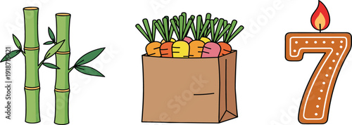 Cute Vector Illustration Set with Bamboo Sticks, Grocery Paper Bag Full of Fresh Vegetables, and Number Seven Birthday Candle