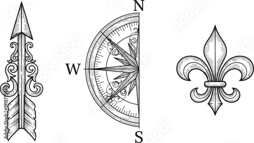 Ornate arrow, compass rose section, and fleur de lis symbol are grouped together as navigational and historical icons.
