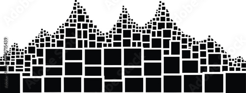 Abstract cityscape silhouette is constructed entirely from varying sizes of solid black squares and rectangles.