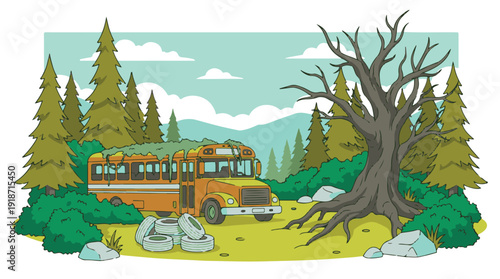 Cartoon Abandoned School Bus Overgrown in Forest Wilderness