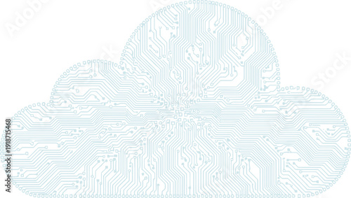 A digital cloud shape is composed entirely of fine, light blue circuit board traces on a white background.