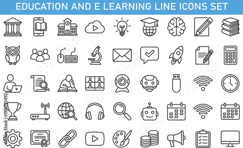 Education and e learning line icons set, online school technology symbols, academic training vector illustration collection
