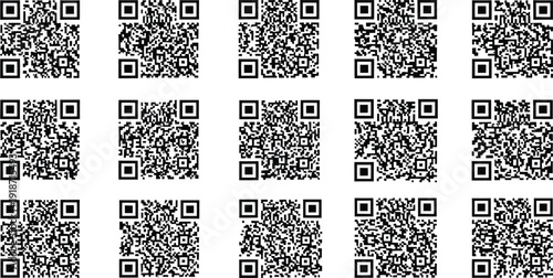 A collection of fifteen different black and white Quick Response code symbols displayed in a three-by-five grid layout.