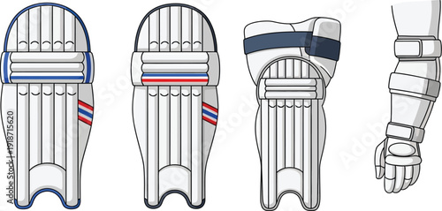 A collection of white protective leg pads and an arm guard for cricket players are displayed against a white background.