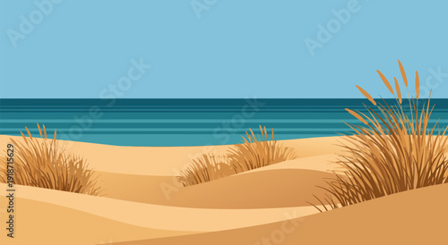 Vector Illustration of Serene Beach Scene with Clear Sky, Calm Water, Sandy Dunes, and Grass – Tranquil Tropical Atmosphere