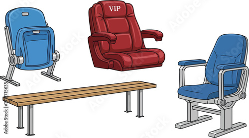 A collection of various seating options includes a blue folding stadium seat, a red VIP armchair, a metal bench, and a blue.