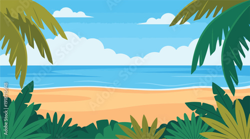 Vibrant Tropical Beach Illustration with Palm Trees, Ocean, and Sandy Shore