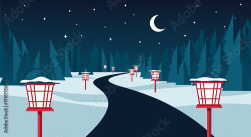 Serene Winter Night Vector Illustration with Disc Golf Baskets on a Snowy Road Through a Dense Forest Under a Starry Sky