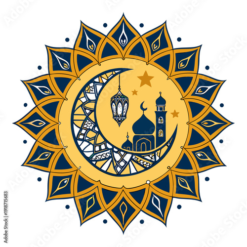 Elegant Crescent Moon Mosque Mandala with Lanterns – Ramadan Kareem Golden Islamic Design