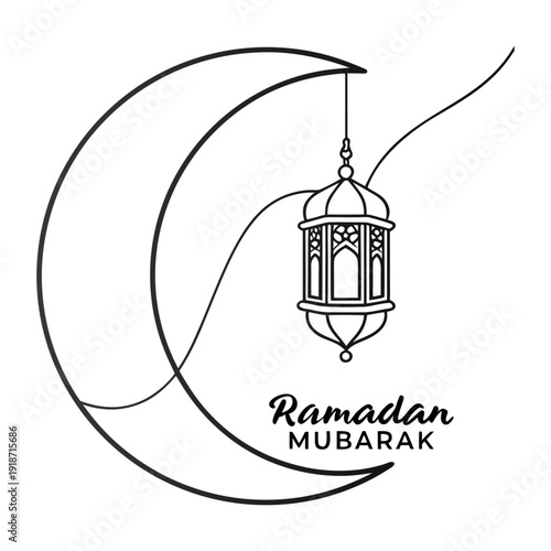 Hanging Lantern with Bunting Flags and Crescent Moon – Eid Mubarak Ramadan Line Art Vector.