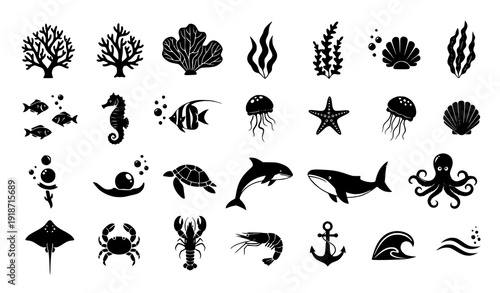 Marine silhouette icon set with underwater corals seaweed fish ocean animals for labels and banners isolated on transparent background