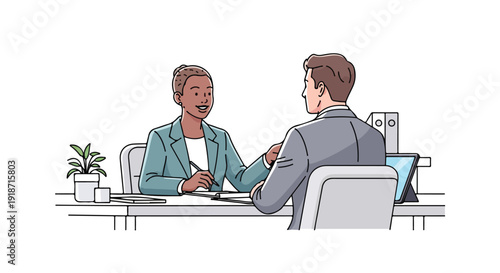Line drawing of two business professionals shaking hands over a desk in a minimalist office setting with a plant and laptop.