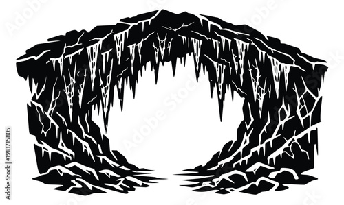 Line art illustration of an ice cave entrance depicting a frozen opening for winter designs