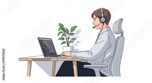 Illustration of a man wearing a headset working on a laptop at a wooden desk with a plant in a modern office setting.