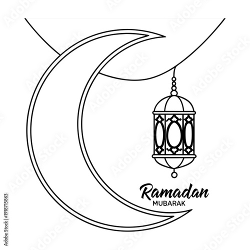 Islamic Mosque with Crescent Moon and Lantern Ramadan Vector Line Art