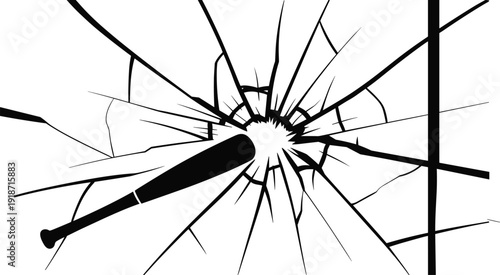 Baseball bat breaking glass vector illustration, cracked window impact force black silhouette isolated on white background