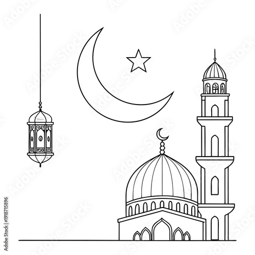 Islamic Mosque with Crescent Moon and Lantern Ramadan Vector Line Art.