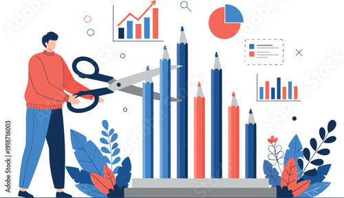 Business man cutting pencil bar chart with scissors for budget reduction cost cutting measure financial optimization and economic crisis management flat vector.