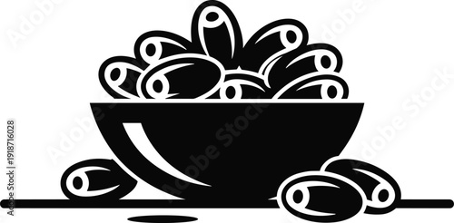 Bowl of olives silhouette icon, black olive fruit illustration isolated on white background, healthy Mediterranean food vector graphic