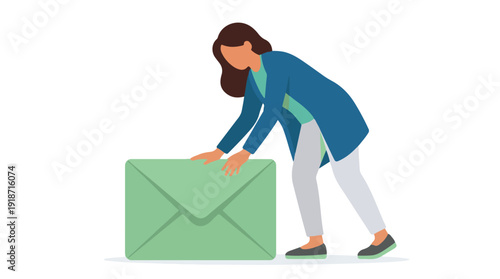 Businesswoman pushing a giant green envelope, symbolizing communication