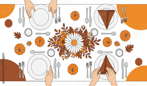 Aerial view of autumn dinner table setting with plates pumpkins floral centerpiece autumn leaves and hands arranging napkins for thanksgiving celebration vector.