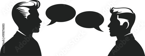 Business communication concept illustration, two men silhouettes talking with speech bubbles, dialogue discussion symbol isolated on white background