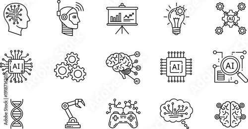 Artificial intelligence line icon set featuring digital brain, robot, machine learning, neural network, automation technology, data science, and smart computing for modern business,