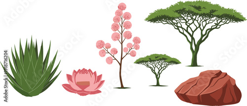 Collection of botanical elements including flat acacia trees, flowering cherry blossom branch, green agave succulent, pink lotus flower, and red desert rock.