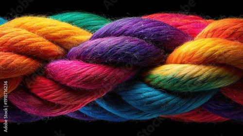 Vividly colored strands of thick cord are tightly woven together in a close up view.