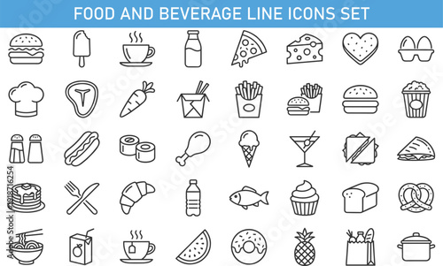 Food and beverage line icons set, fast food restaurant menu outline vector illustration collection for cafe