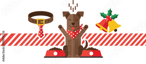 Cute brown dog character with red bandana sitting between food bowls with Christmas bells and festive collar tie for holiday pet celebration.