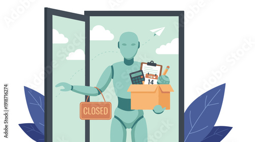 AI robot holding 'closed' sign and office box, symbolizing job loss